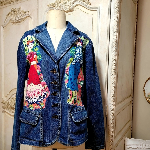 Las 3 Catrinas Frida Kahlo Inspired Upcycled denim Jacket Day of the dead - Picture 2 of 6